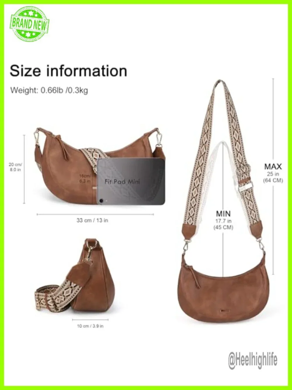 Boho Crescent Hobo Handbag Vegan Leather Crossbody Purse 4 Card Slots